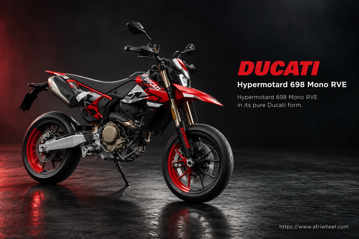 Ducati Hypermotard 698 Mono RVE, front three-quarter hero campaign view showing the exact model geometry and components