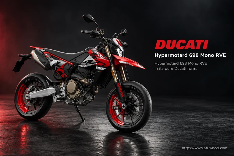 Ducati Hypermotard 698 Mono RVE, front three-quarter hero campaign view showing the exact model geometry and components