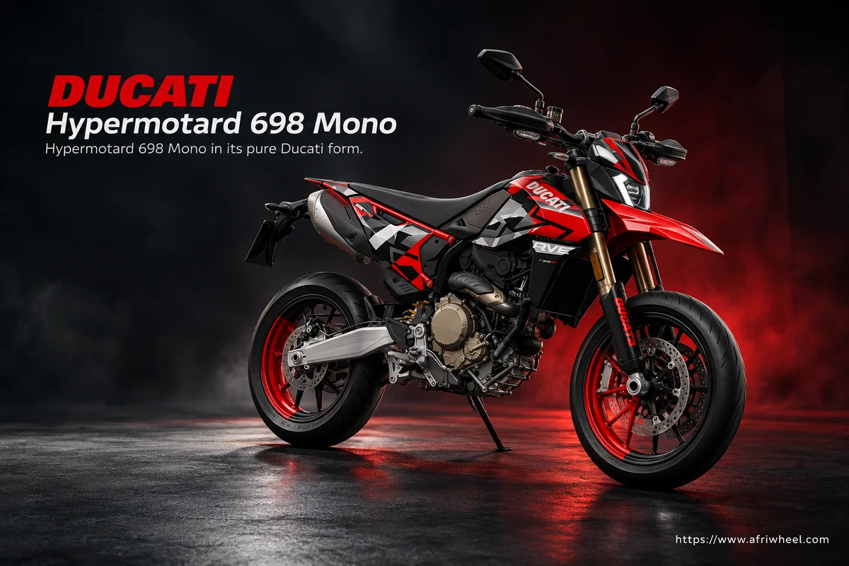 Ducati Hypermotard 698 Mono, front three-quarter hero campaign view showing the exact model geometry and components