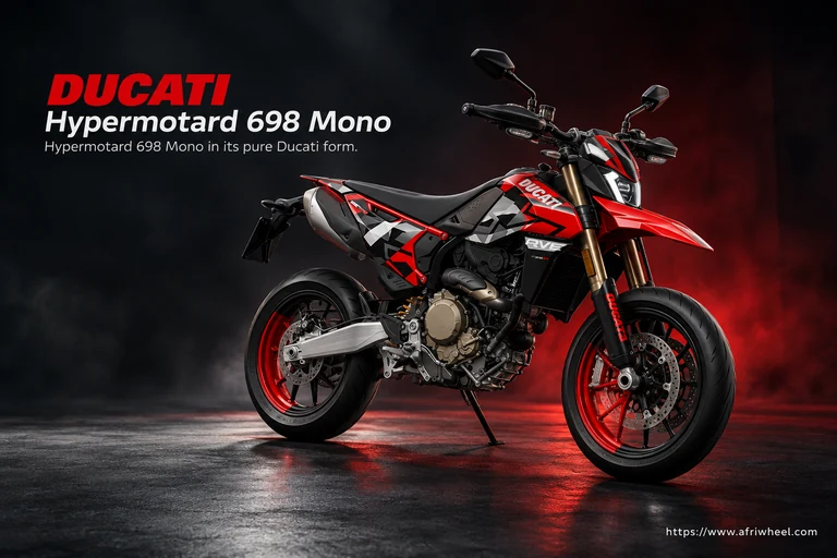 Ducati Hypermotard 698 Mono, front three-quarter hero campaign view showing the exact model geometry and components