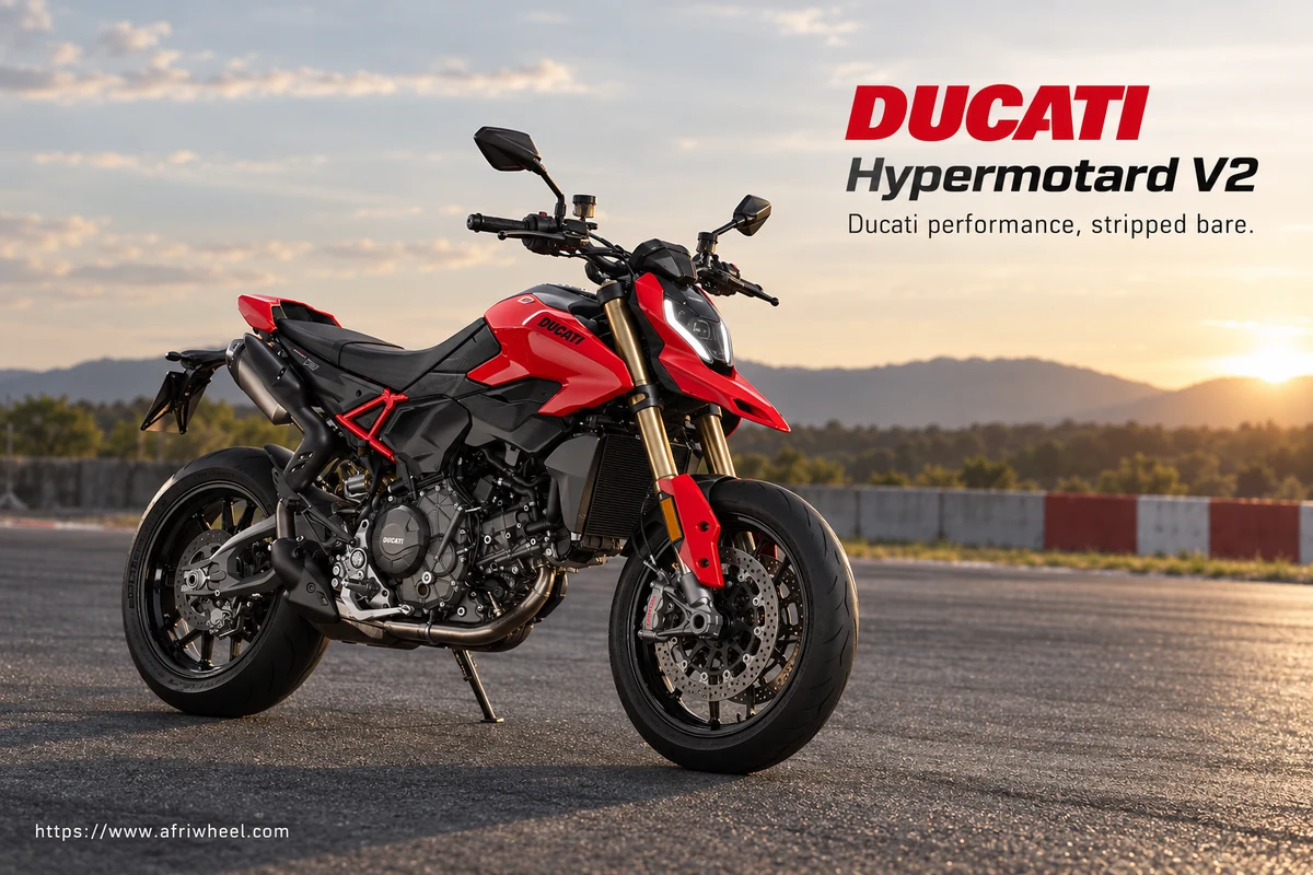 Ducati Hypermotard V2, front three-quarter hero campaign view showing the exact model geometry and components