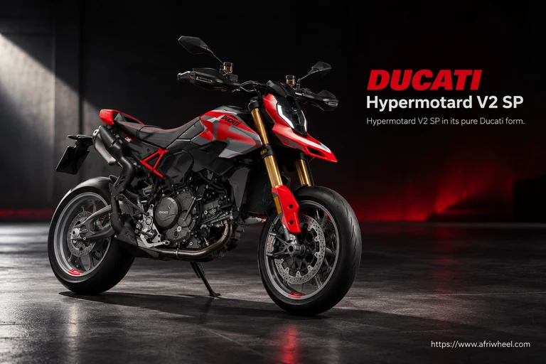Ducati Hypermotard V2 SP, front three-quarter hero campaign view showing the exact model geometry and components