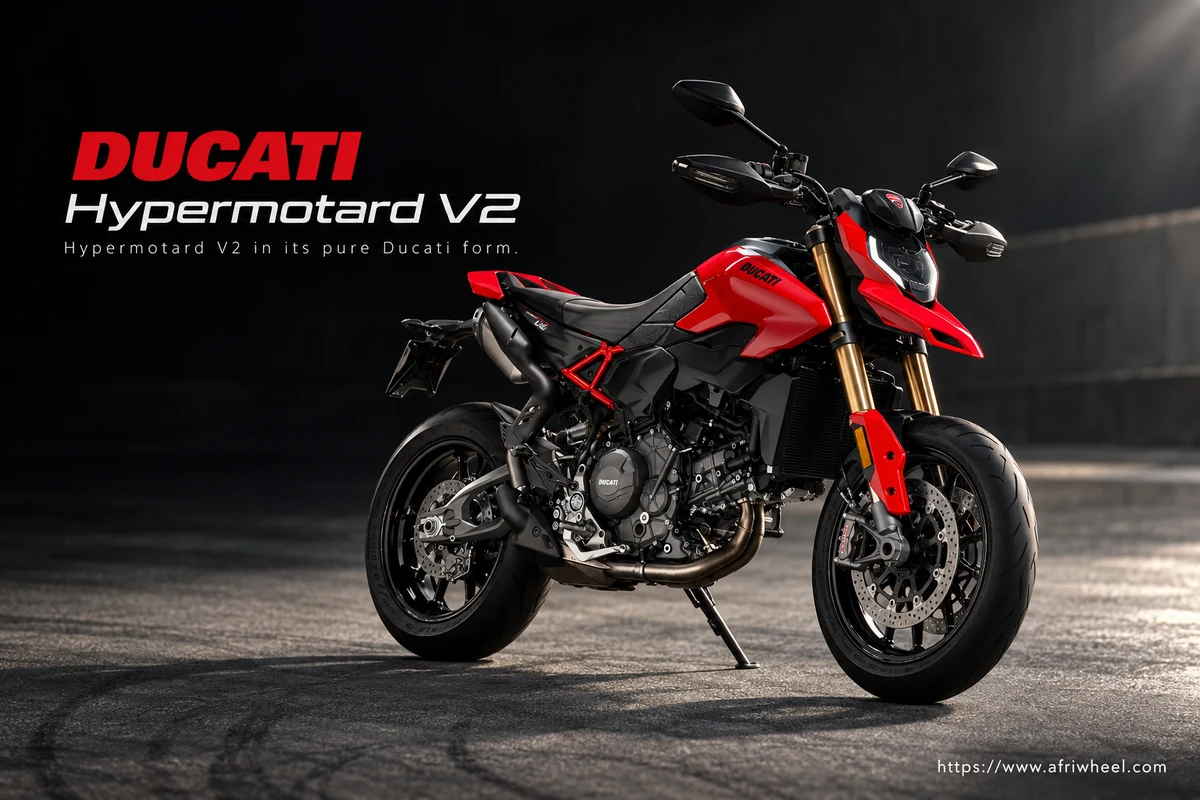 Ducati Hypermotard V2, front three-quarter hero campaign view showing the exact model geometry and components
