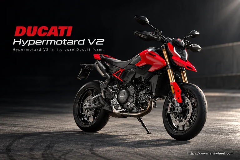 Ducati Hypermotard V2, front three-quarter hero campaign view showing the exact model geometry and components