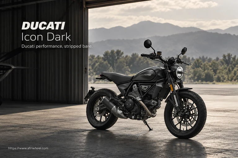 Ducati Icon Dark, front three-quarter hero campaign view showing the exact model geometry and components