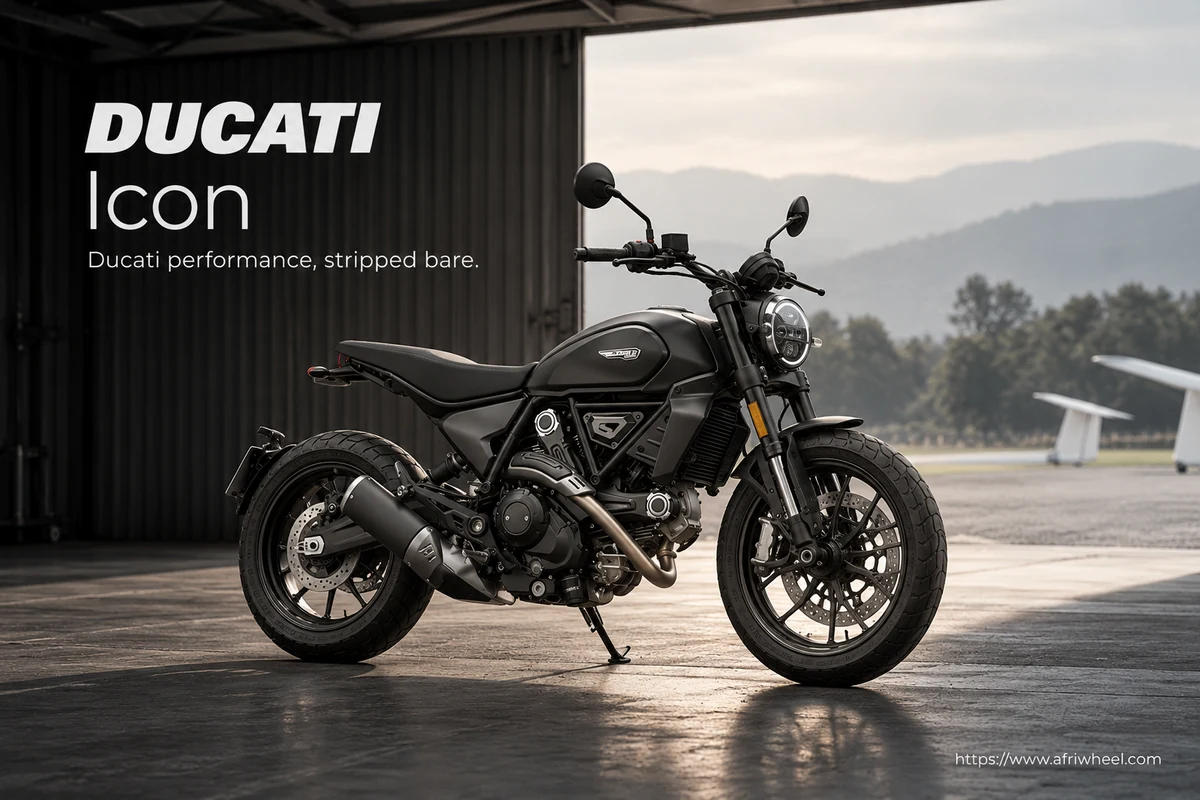 Ducati Icon, front three-quarter hero campaign view showing the exact model geometry and components