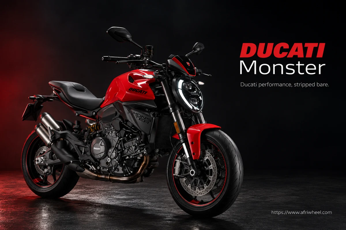 Ducati Monster, front three-quarter hero campaign view showing the exact model geometry and components