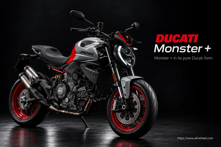 Ducati Monster +, front three-quarter hero campaign view showing the exact model geometry and components