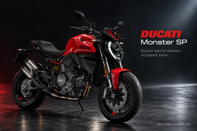 Ducati Monster SP, front three-quarter hero campaign view showing the exact model geometry and components