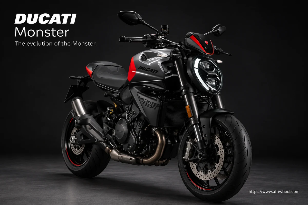 Ducati Monster, front three-quarter hero campaign view showing the exact model geometry and components