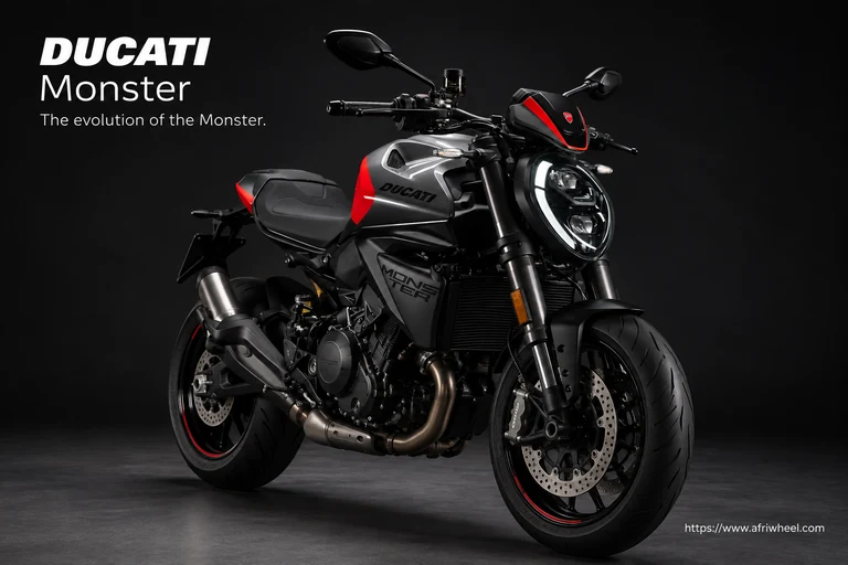 Ducati Monster, front three-quarter hero campaign view showing the exact model geometry and components
