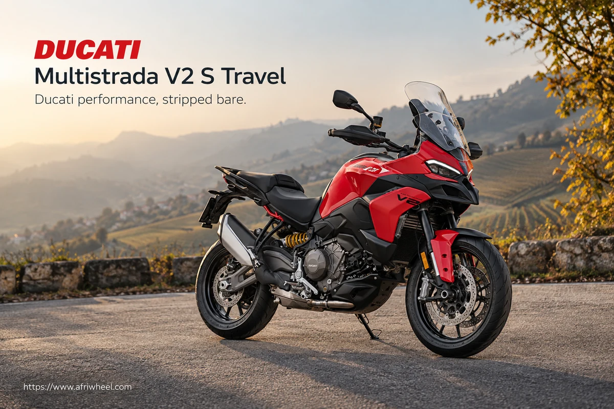 Ducati Multistrada V2 S Travel, front three-quarter hero campaign view showing the exact model geometry and components