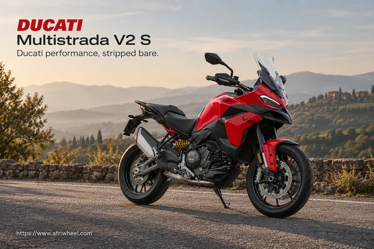 Ducati Multistrada V2 S, front three-quarter hero campaign view showing the exact model geometry and components
