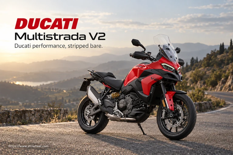 Ducati Multistrada V2, front three-quarter hero campaign view showing the exact model geometry and components