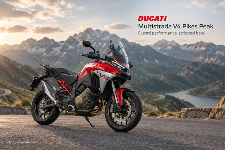 Ducati Multistrada V4 Pikes Peak, front three-quarter hero campaign view showing the exact model geometry and components