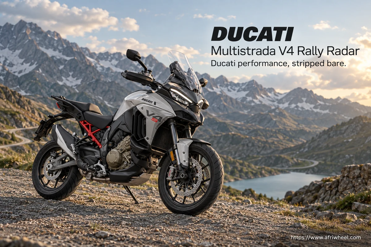 Ducati Multistrada V4 Rally Radar, front three-quarter hero campaign view showing the exact model geometry and components
