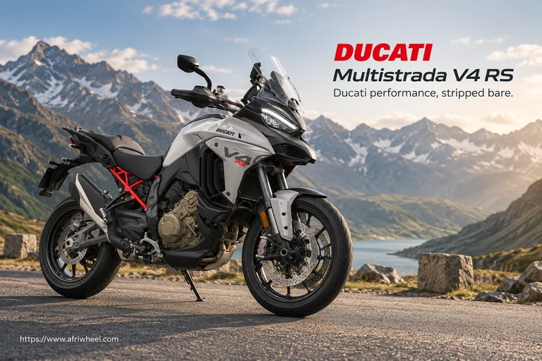Ducati Multistrada V4 RS, front three-quarter hero campaign view showing the exact model geometry and components