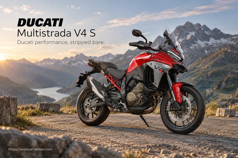 Ducati Multistrada V4 S, front three-quarter hero campaign view showing the exact model geometry and components