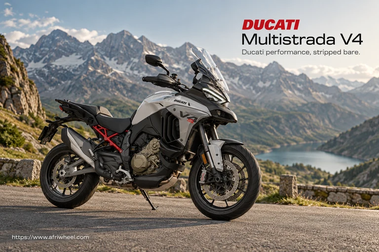 Ducati Multistrada V4, front three-quarter hero campaign view showing the exact model geometry and components