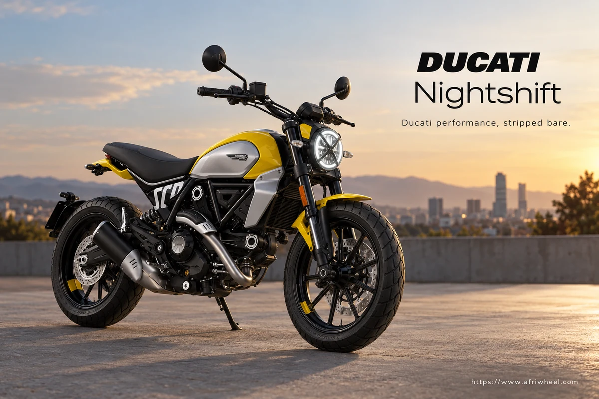 Ducati Nightshift, front three-quarter hero campaign view showing the exact model geometry and components