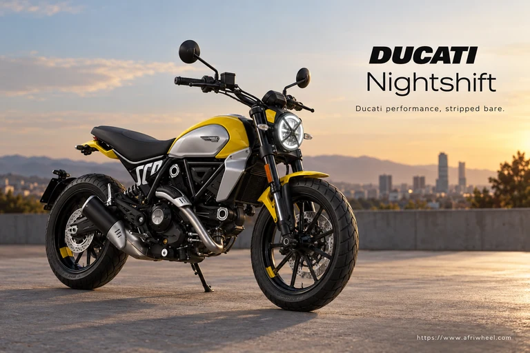 Ducati Nightshift, front three-quarter hero campaign view showing the exact model geometry and components