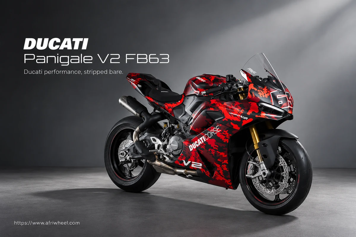 Ducati Panigale V2 FB63, front three-quarter hero campaign view showing the exact model geometry and components