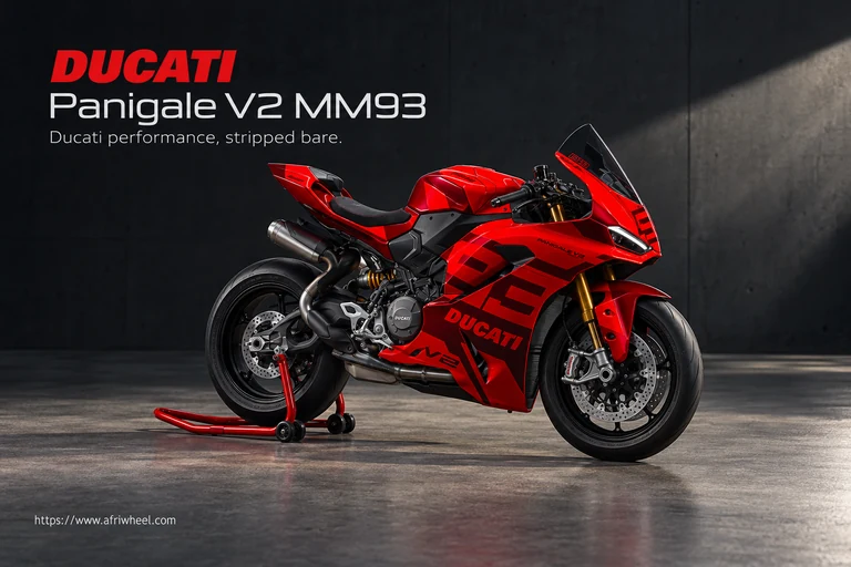 Ducati Panigale V2 MM93, front three-quarter hero campaign view showing the exact model geometry and components