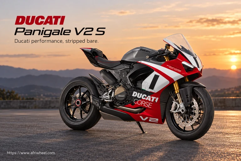 Ducati Panigale V2 S, front three-quarter hero campaign view showing the exact model geometry and components