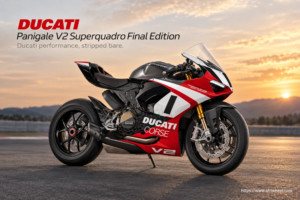 Ducati Panigale V2 Superquadro Final Edition, front three-quarter hero campaign view showing the exact model geometry and components