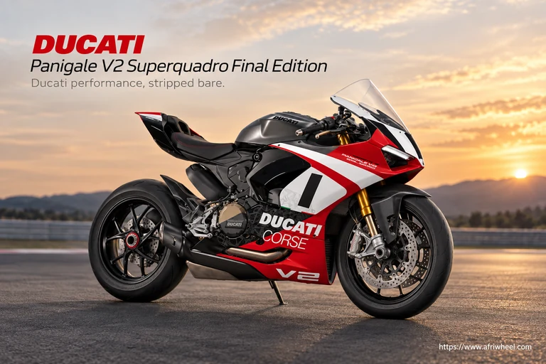 Ducati Panigale V2 Superquadro Final Edition, front three-quarter hero campaign view showing the exact model geometry and components