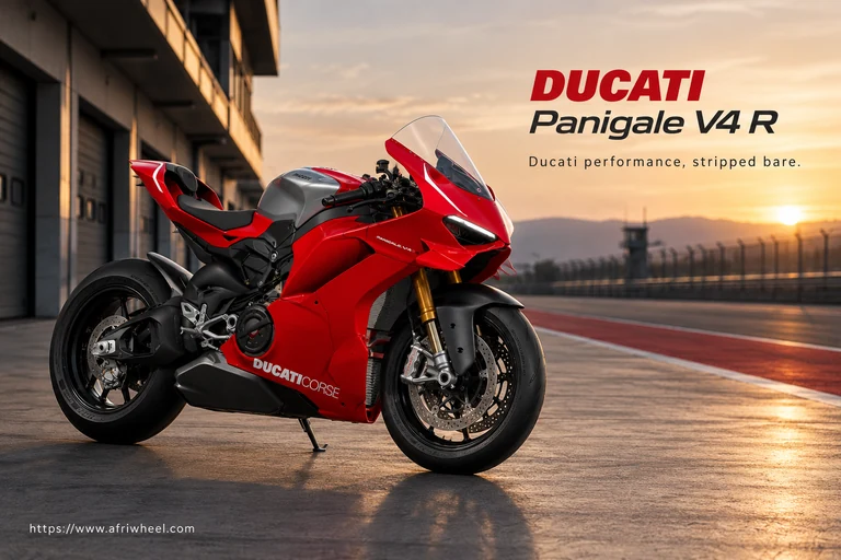 Ducati Panigale V4 R, front three-quarter hero campaign view showing the exact model geometry and components