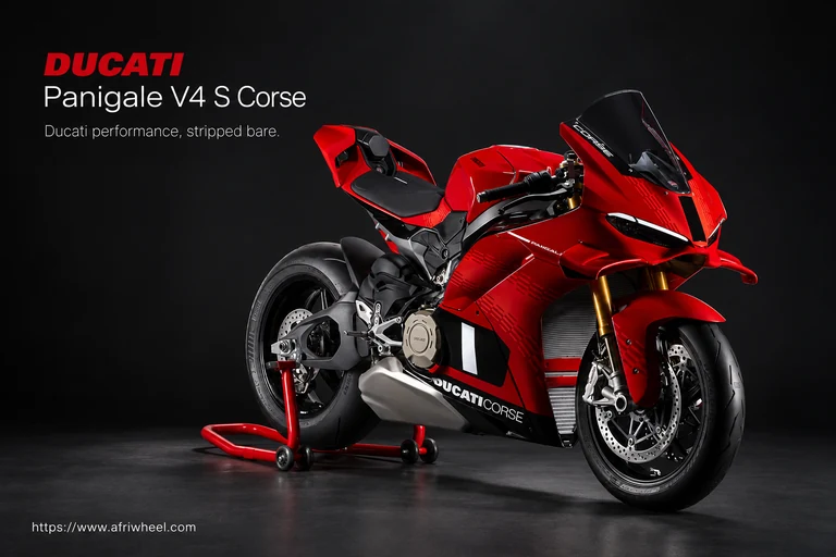 Ducati Panigale V4 S Corse, front three-quarter hero campaign view showing the exact model geometry and components