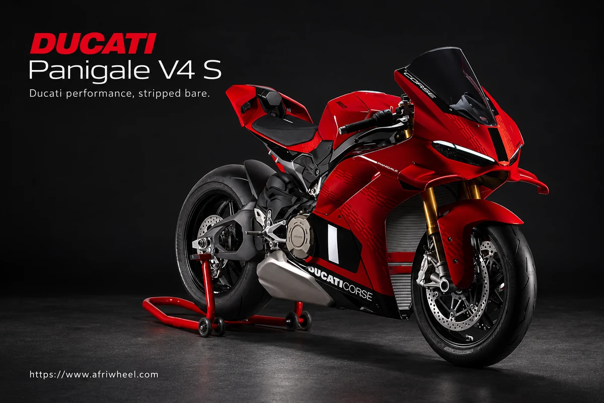 Ducati Panigale V4 S, front three-quarter hero campaign view showing the exact model geometry and components