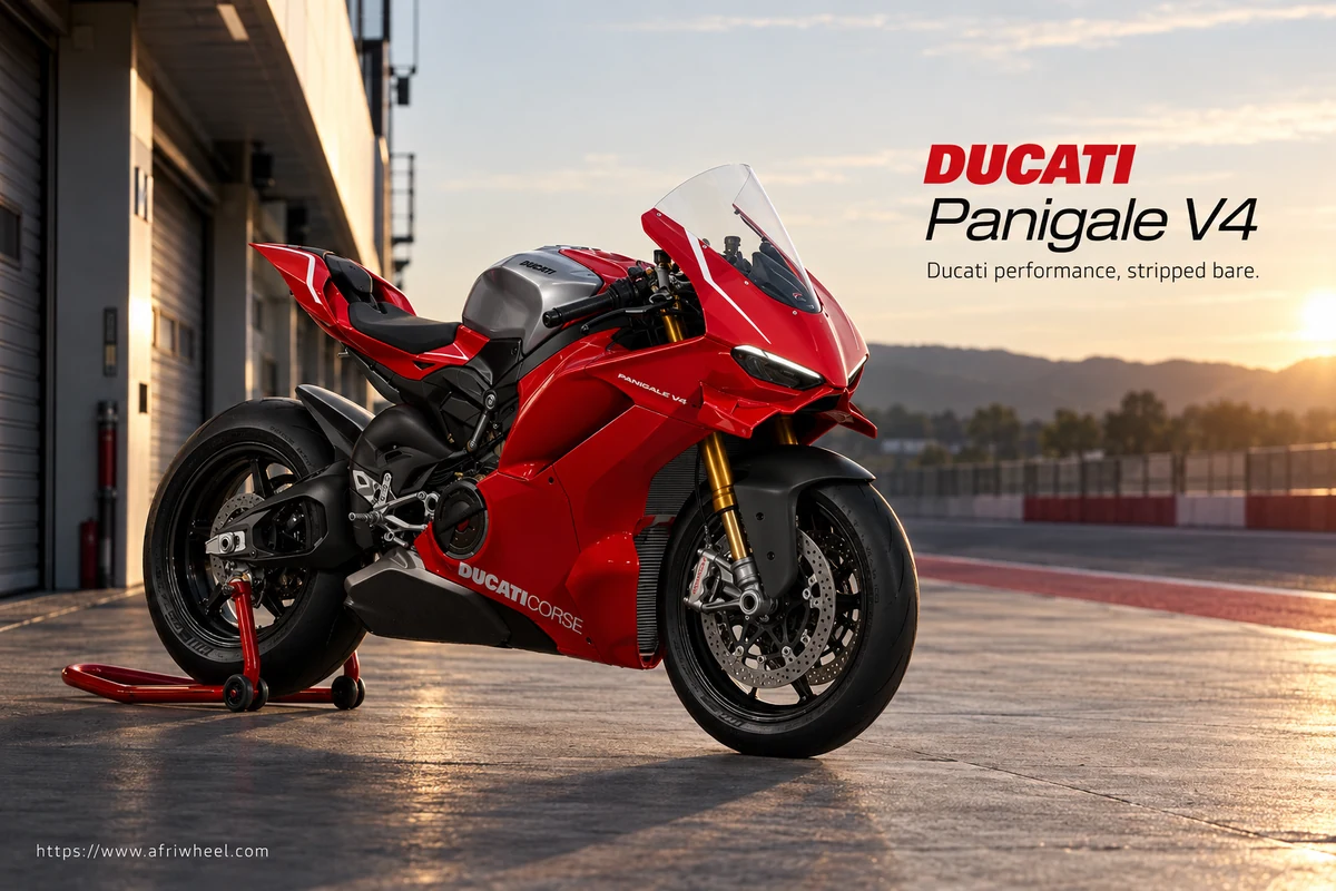 Ducati Panigale V4, front three-quarter hero campaign view showing the exact model geometry and components