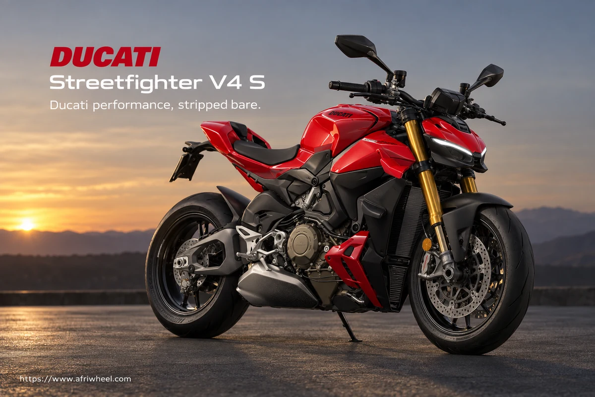 Ducati Streetfighter V4 S, front three-quarter hero campaign view showing the exact model geometry and components