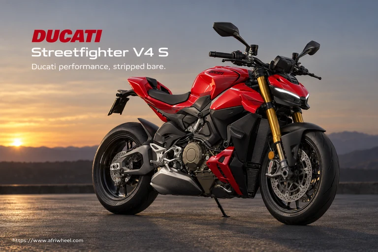 Ducati Streetfighter V4 S, front three-quarter hero campaign view showing the exact model geometry and components