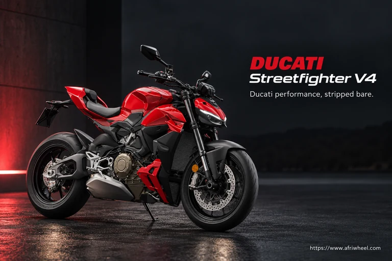 Ducati Streetfighter V4, front three-quarter hero campaign view showing the exact model geometry and components