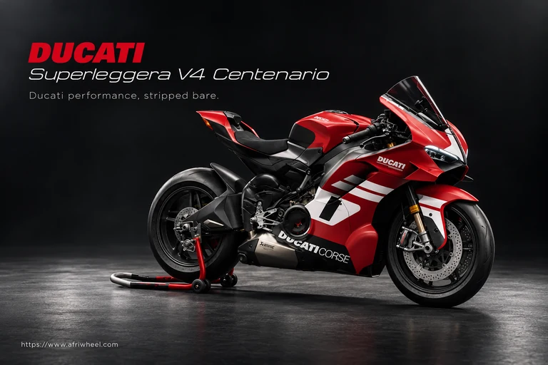 Ducati Superleggera V4 Centenario, front three-quarter hero campaign view showing the exact model geometry and components