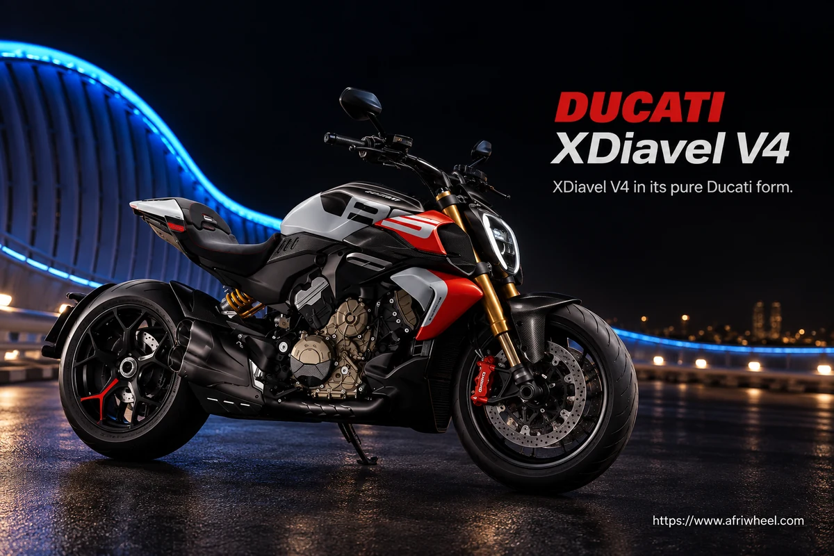 Ducati XDiavel V4, front three-quarter hero campaign view showing the exact model geometry and components