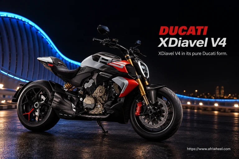 Ducati XDiavel V4, front three-quarter hero campaign view showing the exact model geometry and components