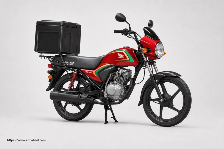 Honda ACE150 in Red, front three-quarter studio hero with delivery top box