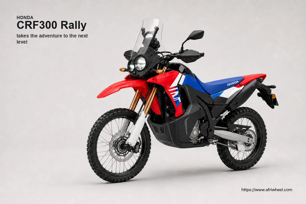 Honda CRF300 Rally in Red, front-left three-quarter studio hero