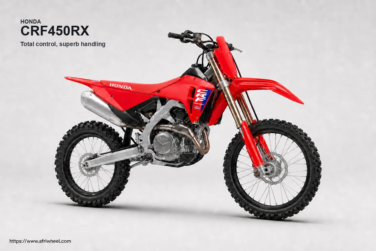 Honda CRF450RX in Extreme Red, front-right three-quarter enduro studio hero