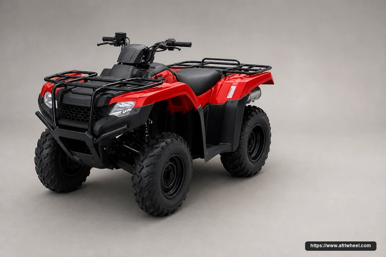 Honda TRX420FA6 4x4 in Patriot Red, front three-quarter utility ATV studio hero