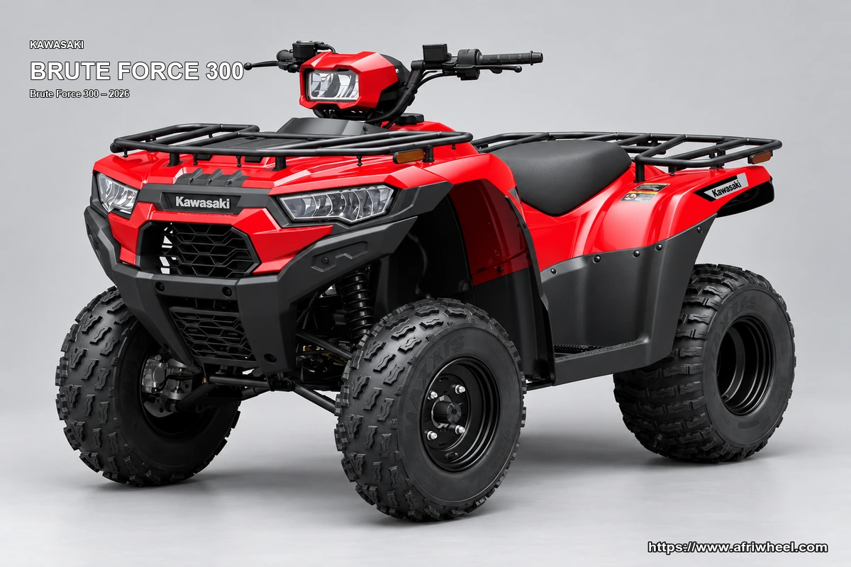 Kawasaki Brute Force 300 Firecracker Red hero front three quarter production view