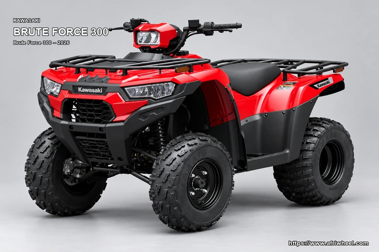 Kawasaki Brute Force 300 Firecracker Red hero front three quarter production view