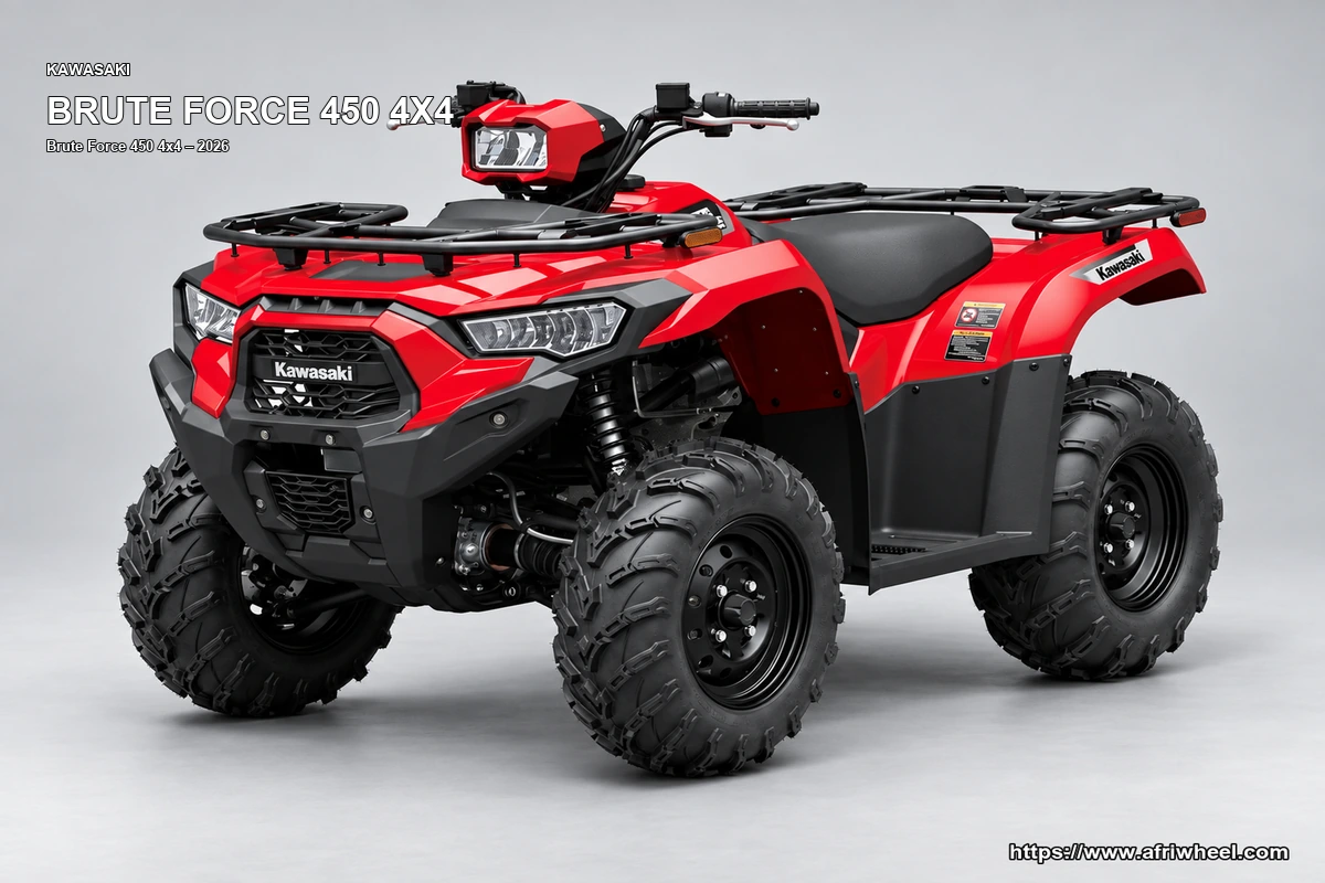 Kawasaki Brute Force 450 4x4 Firecracker Red hero front three quarter production view