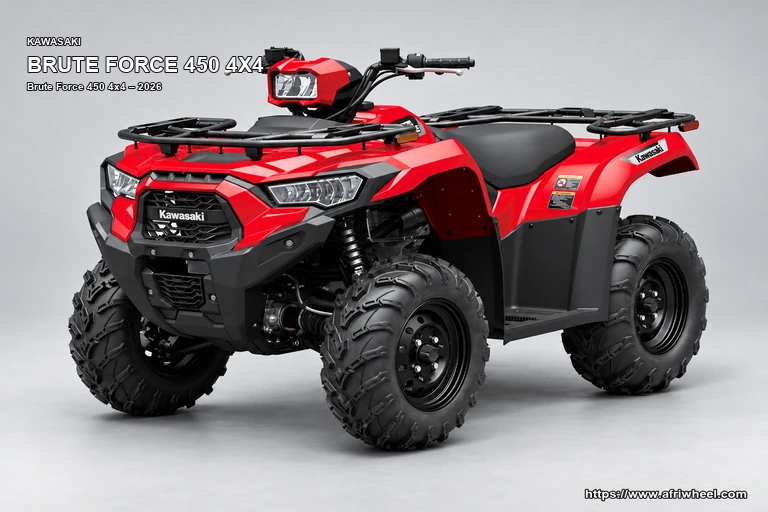 Kawasaki Brute Force 450 4x4 Firecracker Red hero front three quarter production view