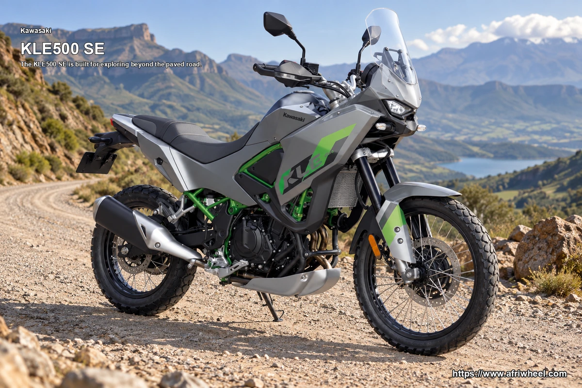 Kawasaki KLE500 SE Grey Green hero front three quarter production view