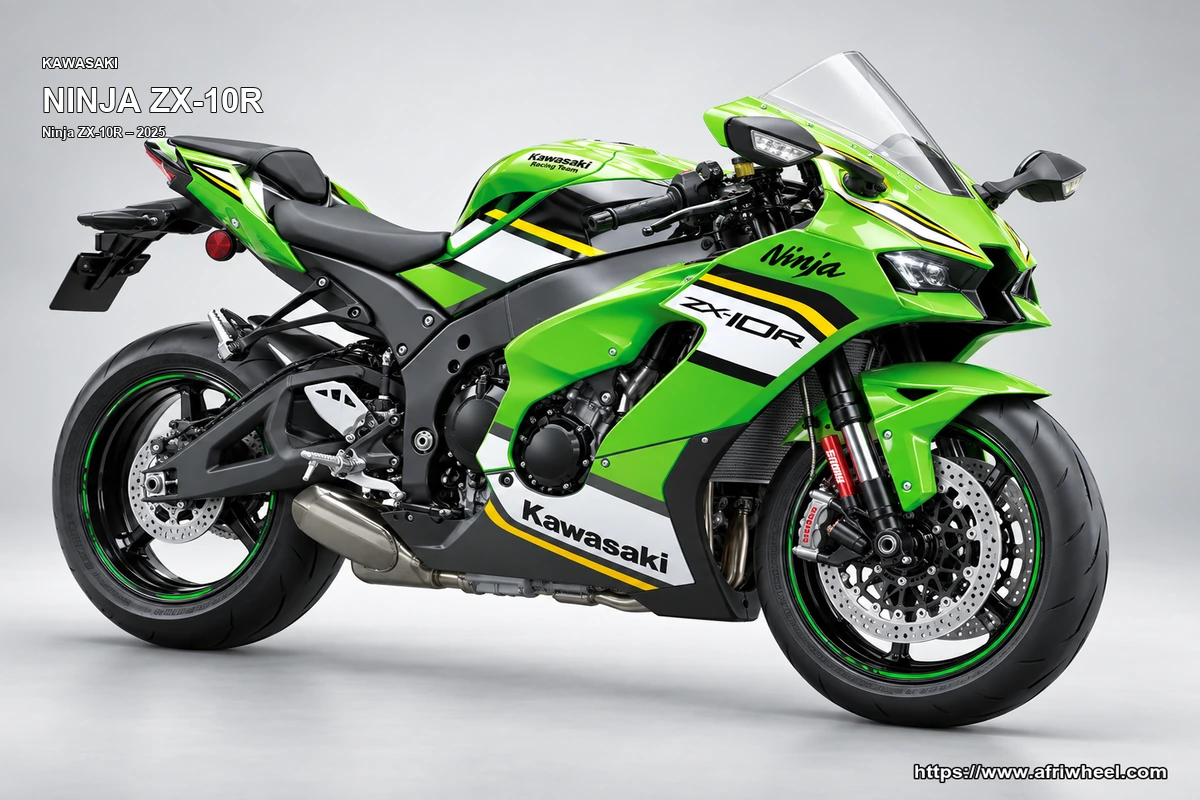 Kawasaki Ninja ZX-10R Lime Green Ebony Pearl Blizzard White hero front three quarter production view